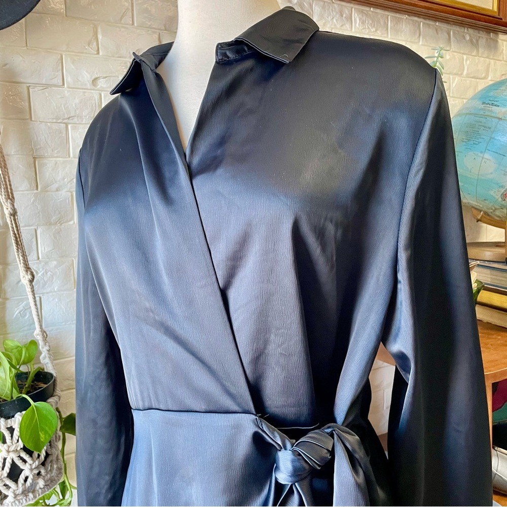 SOLD House of Harlow 1960 x Revolve Navy Satin Long Sleeve Mini Wrap Dress - Picture 7 of 14